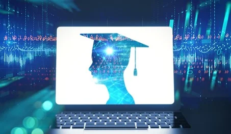 A silhouette of a graduate on a laptop with an internet background.